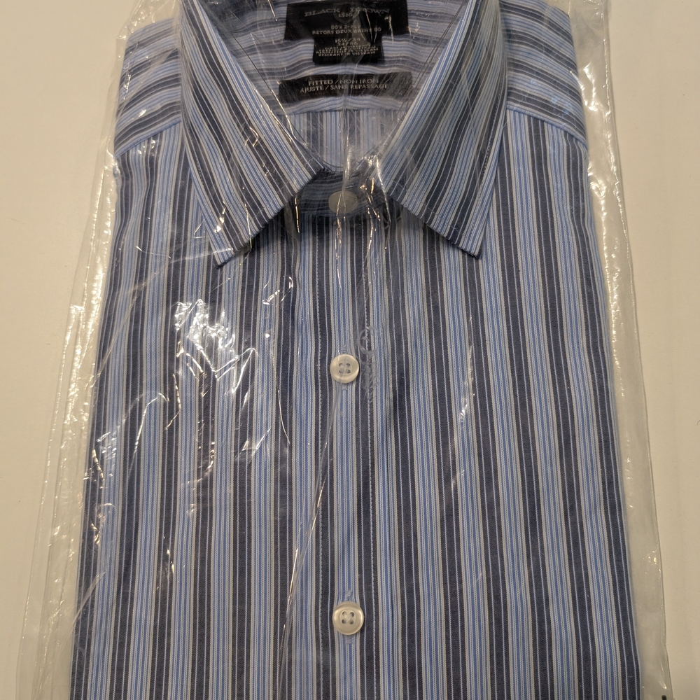 Black Brown 1826 Men's Blue, White, and Yellow Striped Dress Shirt